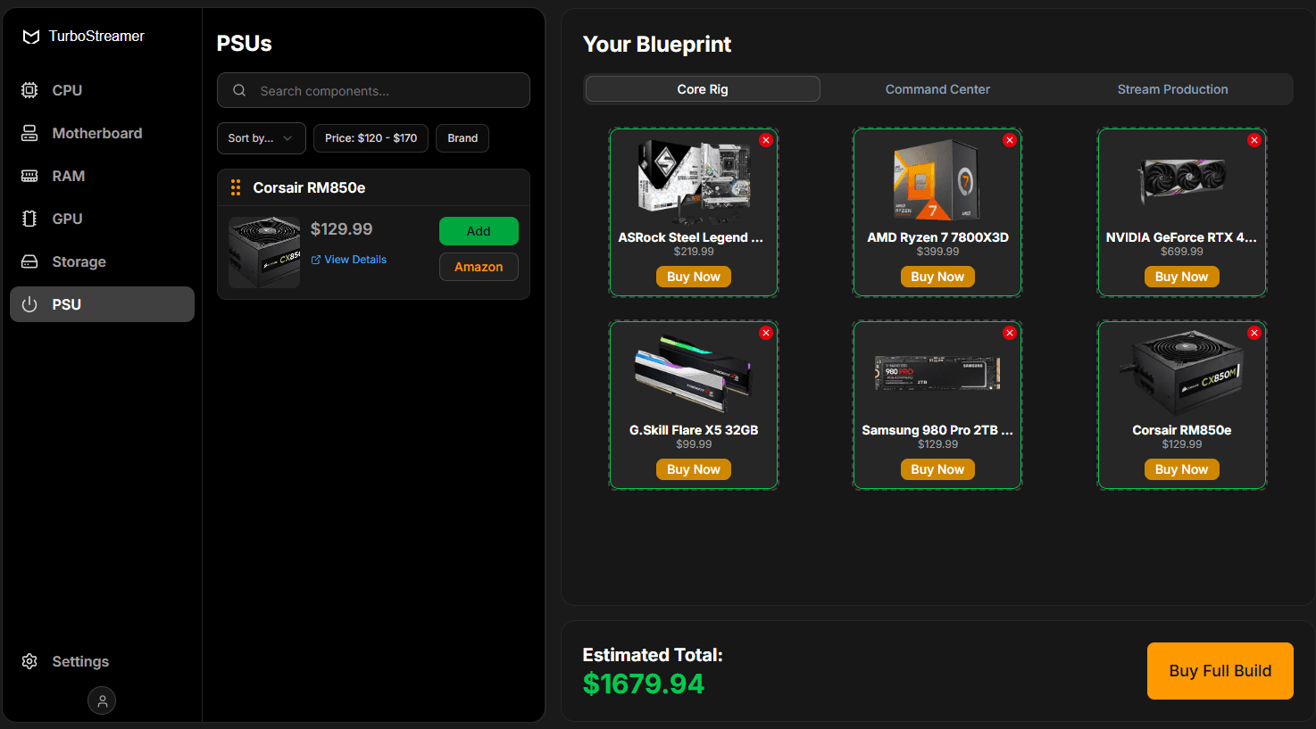 Screenshot of the TurboStreamer builder interface
